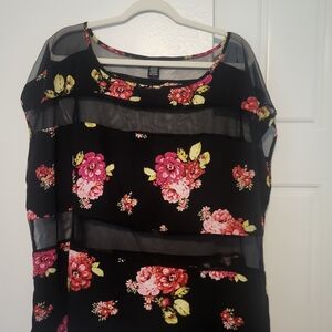 Torrid Black Floral Blouse with Sheer Accents